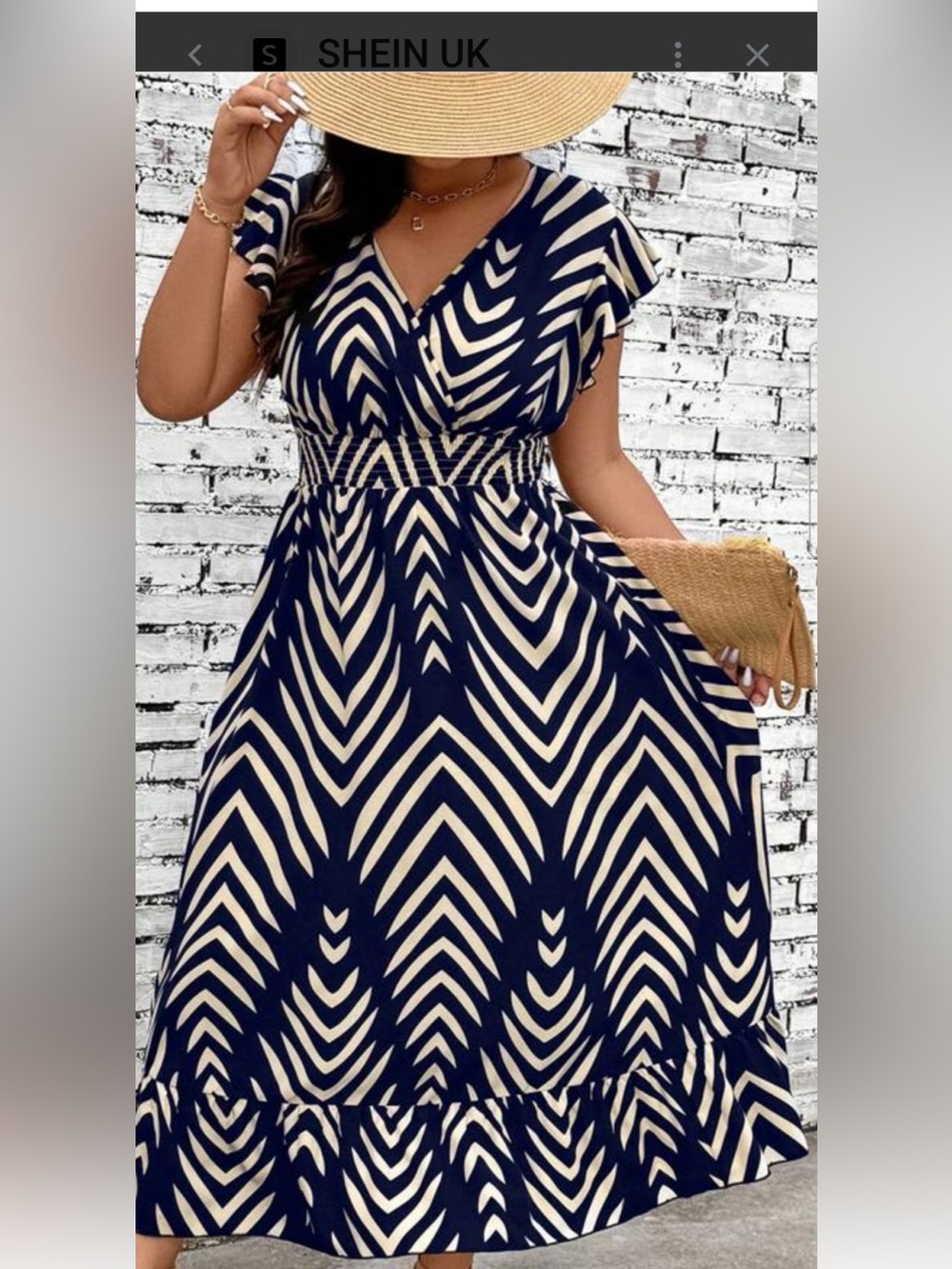 Navy and Cream V-Neck Flutter Sleeve Maxi Dress